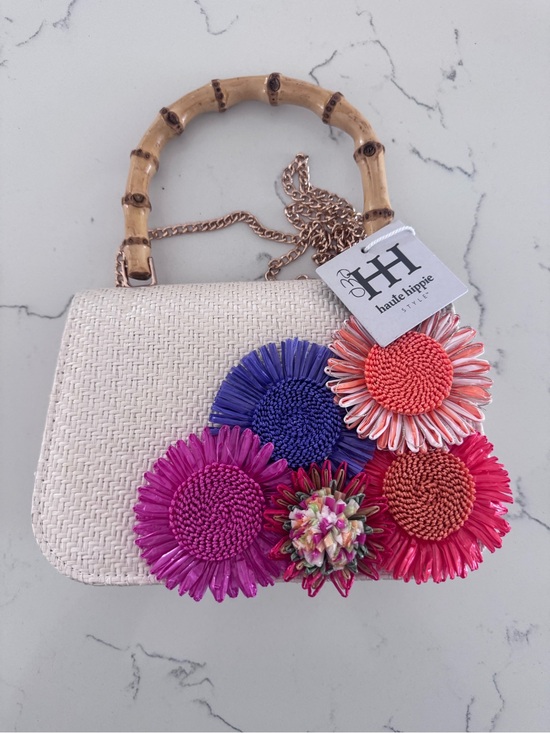 Handbags - NWT Haute Hippie Floral Woven Bamboo Handle Crossbody Bag Cream